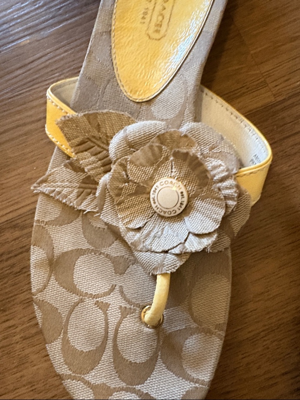 Coach Tan Logo-Print Floral Thong Sandals with Yellow Accents - Picture 2 of 4